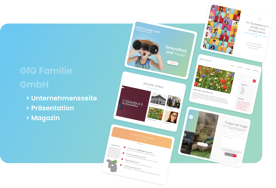 Grafik mit einzelnen Seiten der Website der GfG Familie GmbH