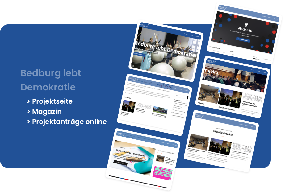Bild, das verschiedene Screens der Website Bedburg lebt Demokratie zeigt