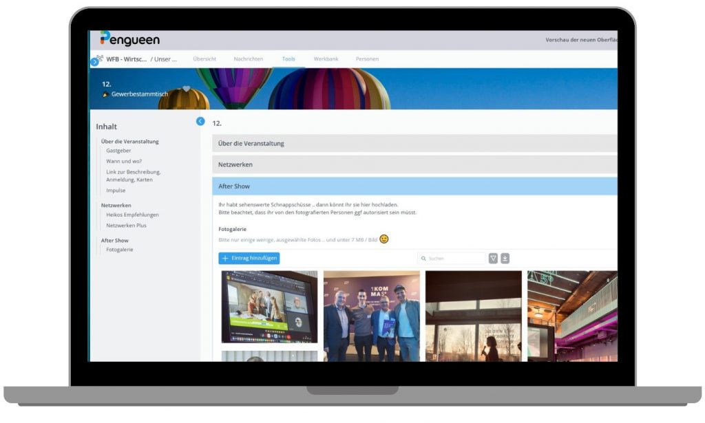 Event-Tool der WFB in Pengueen, PC Ansicht