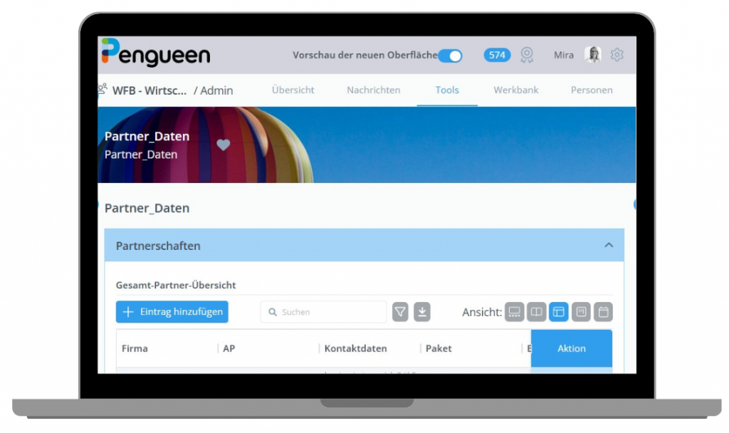 Partner-Daten Liste der WFB in Pengueen, PC Ansicht