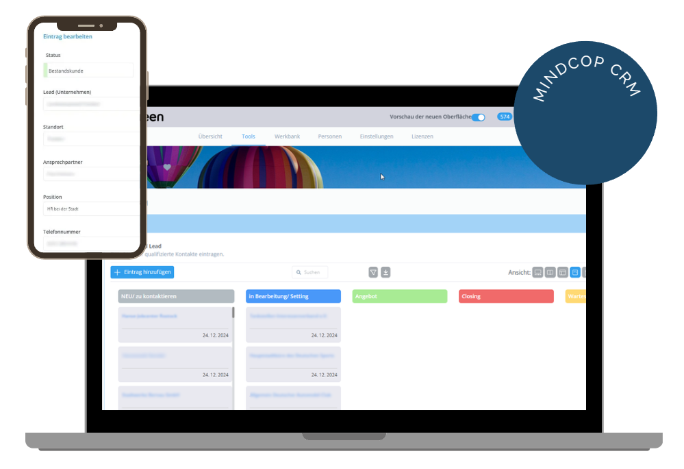 Ausschnitt des CRM-Systems für MINDCOP in Pengueen, Bildschirmansicht und Handyansicht