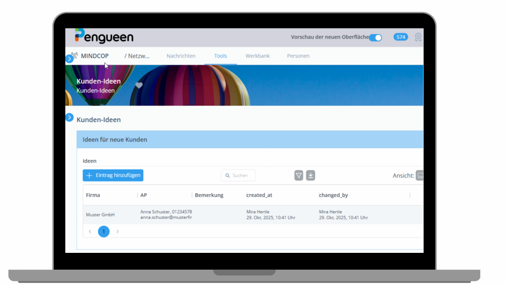 Tool Kunden Ideen im CRM System fuer Trainingsanbieter MINDCOP mit Pengueen