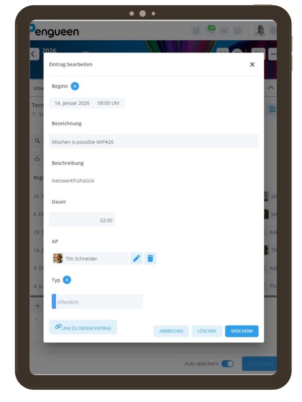 Ein Bildschirm zeigt eine Eingabemaske, wo die Veranstaltung Mischen is possible eingetragen ist
