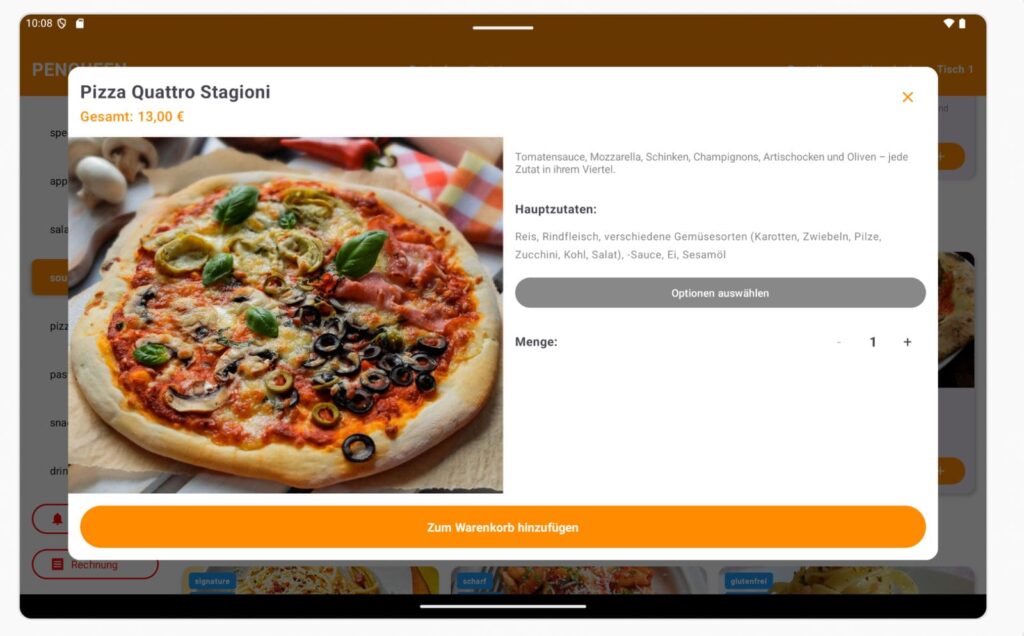 Detail-Ansicht eines Hauptgerichts (Pizza) in der GastroApp mit Pengueen als App Backend