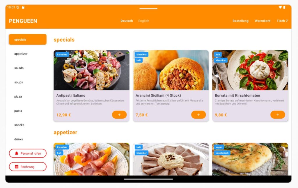 Menü-Übersicht aller Speisen und Getränke in der GastroApp mit Pengueen als App Backend