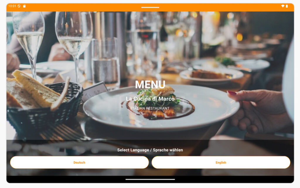 Screen Sprachauswahl (Englisch / Deutsch) im Menü der GastroSoftware App