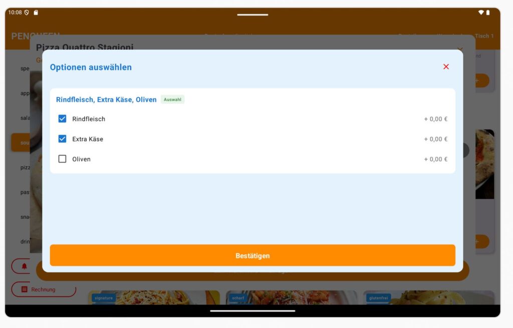 Screenbeispiel zum Extras / Optionen wählen in der GastroApp mit Pengueen als App Backend