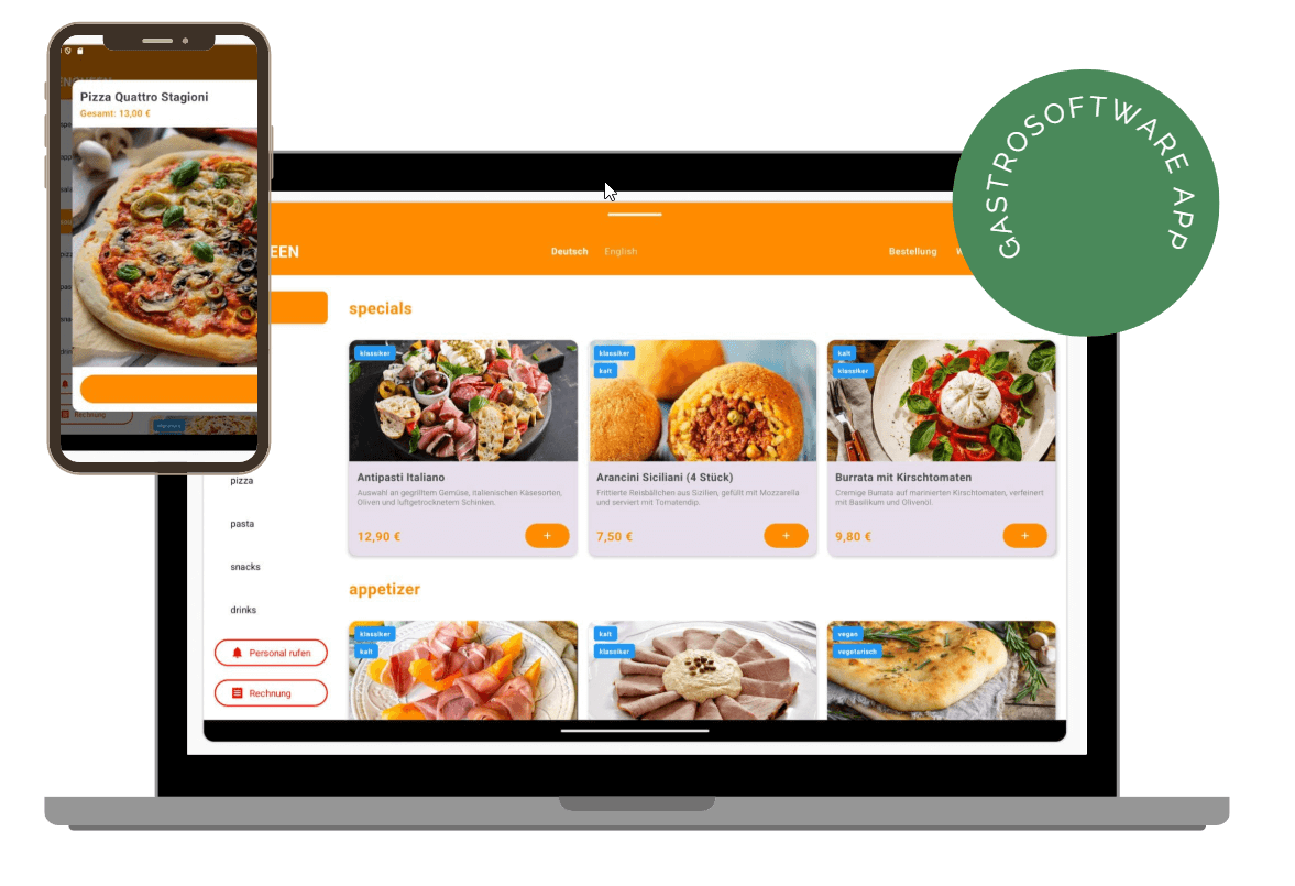 Grafik mit Handyansicht und PC-Ansicht von einzelnen Screens (Menü-ÜBersicht und einzelnes Gericht) der GastroSoftware App mit Pengueen als App Backend