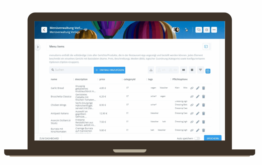 Screen-Ansicht des Admin-Backends der GastroSoftware App. Hier können Restaurantbetreiber selbst ihr Menü bearbeiten.