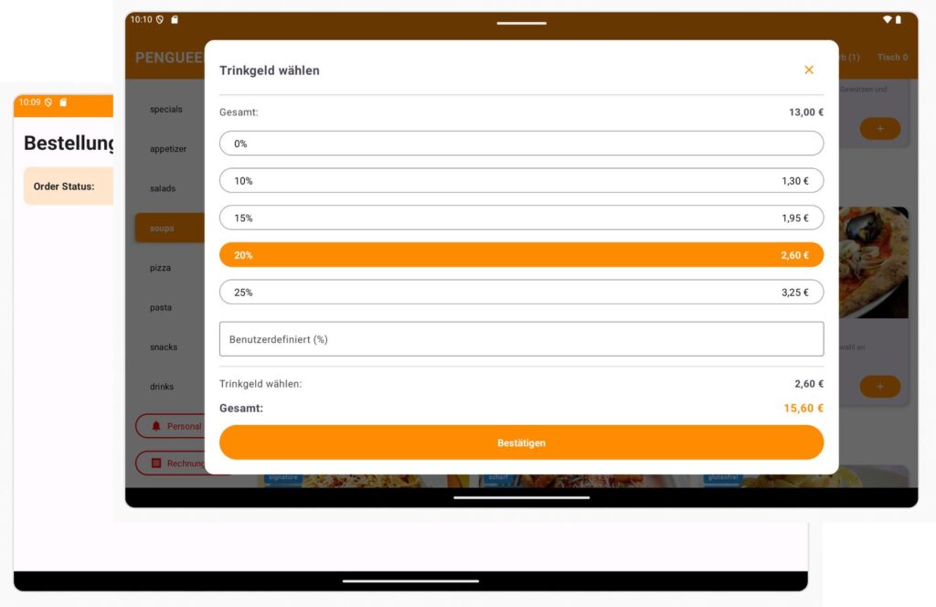 Screens Bestellung abschließen und Trinkgeld wählen in der GastroApp mit Pengueen als App Backend