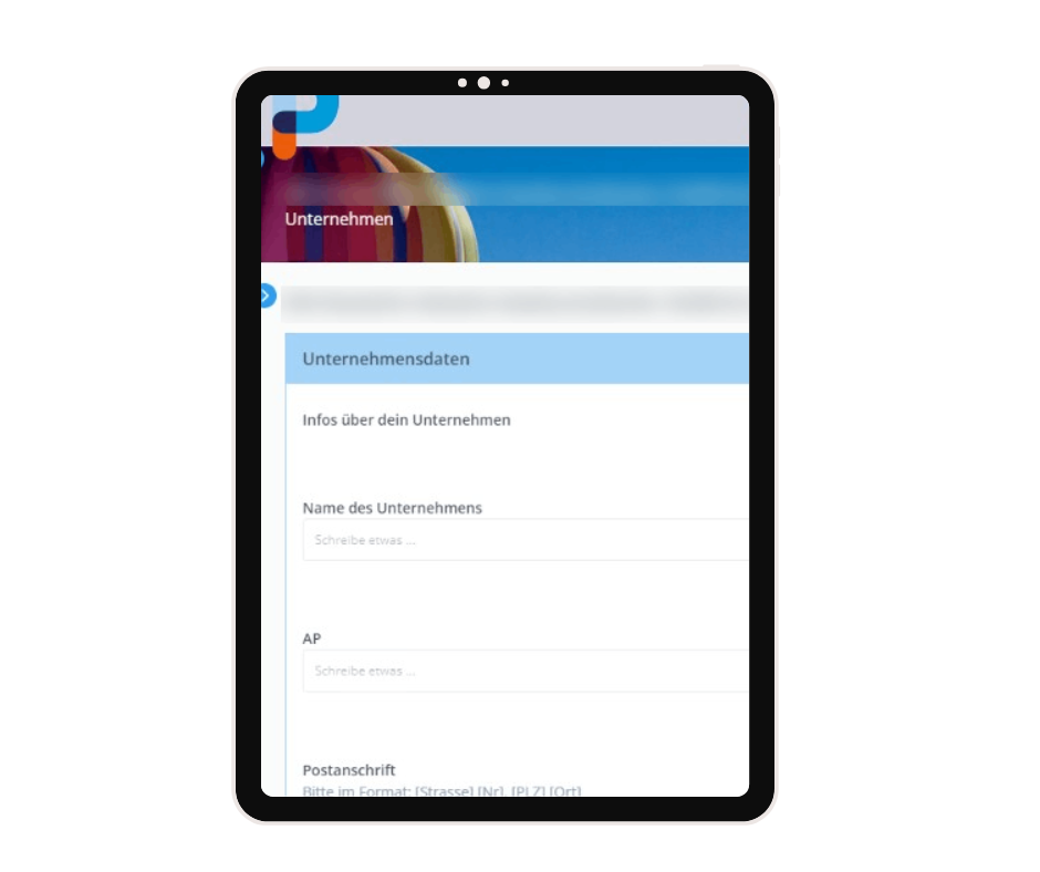 iPad Ansicht des Unternehmsnprofils zum Ausfüllen für ServicePartner der FirmenPrinzen in Pengueen