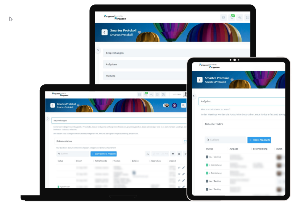 Drei verschiedene Bildschirmansichten des smarten Protokolls mit jeweils verschiedenen usschnitten (Dokumentation, To Dos, Übersicht)