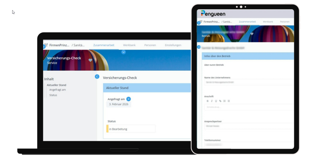 Bildschirmansicht des VersicherungsChecks und des Betriebsprofils von einem Kunden der FirmenPrinzen in Pengueen